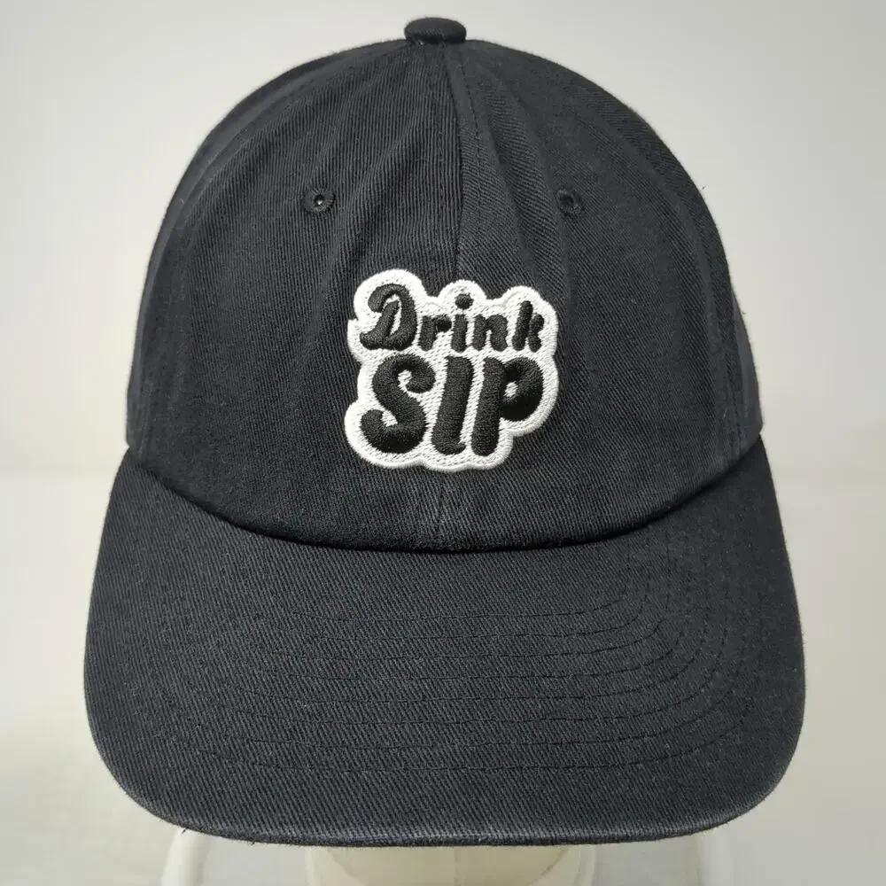 Black Baseball Cap One Size Drink SIP Embroidered Patch Cotton Hat Slideback